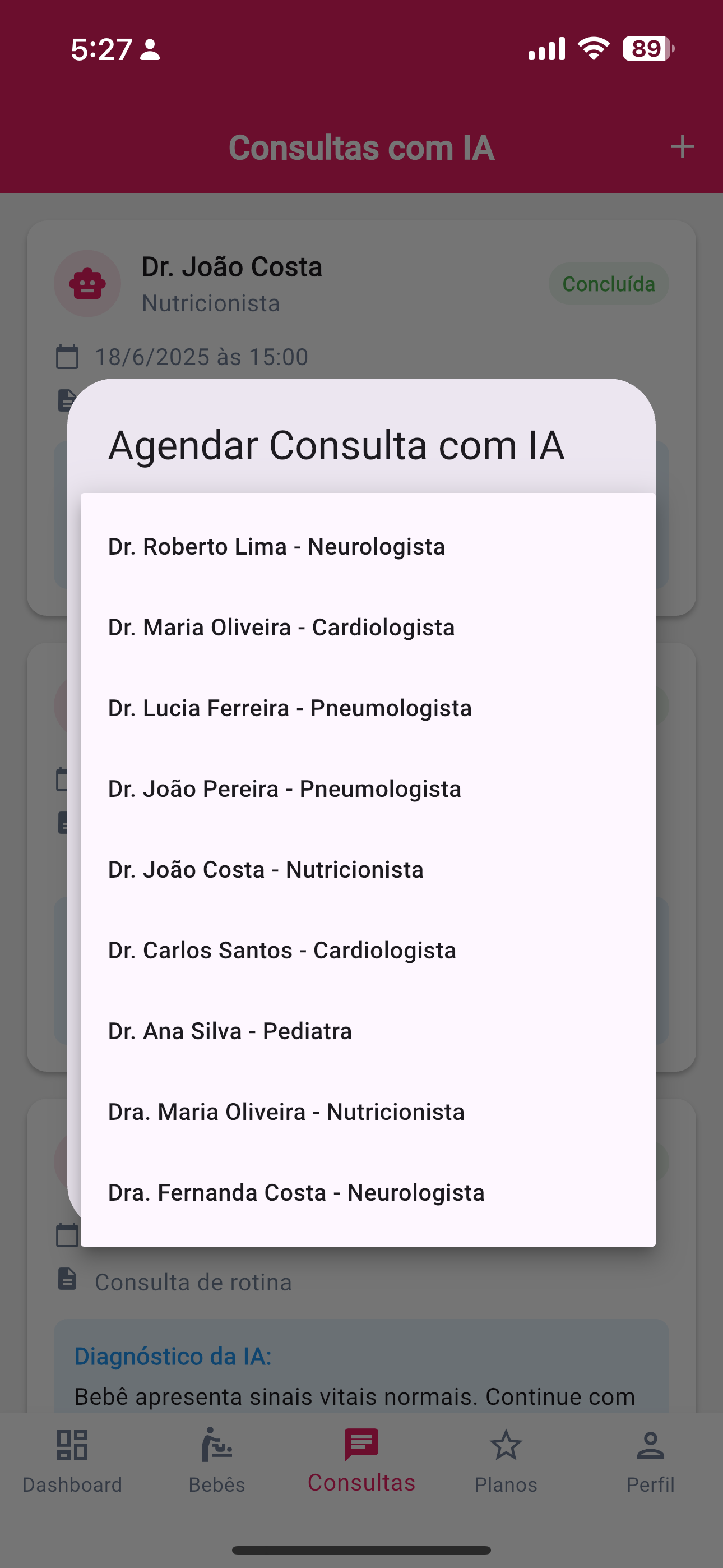 Tela de monitoramento de dados vitais